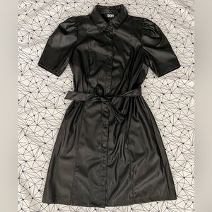 DKNY Faux Leather Belted Dress in Black Size 8